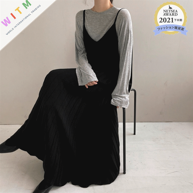 キャミソール風プリーツロングワンピース 着痩せ体型カバー