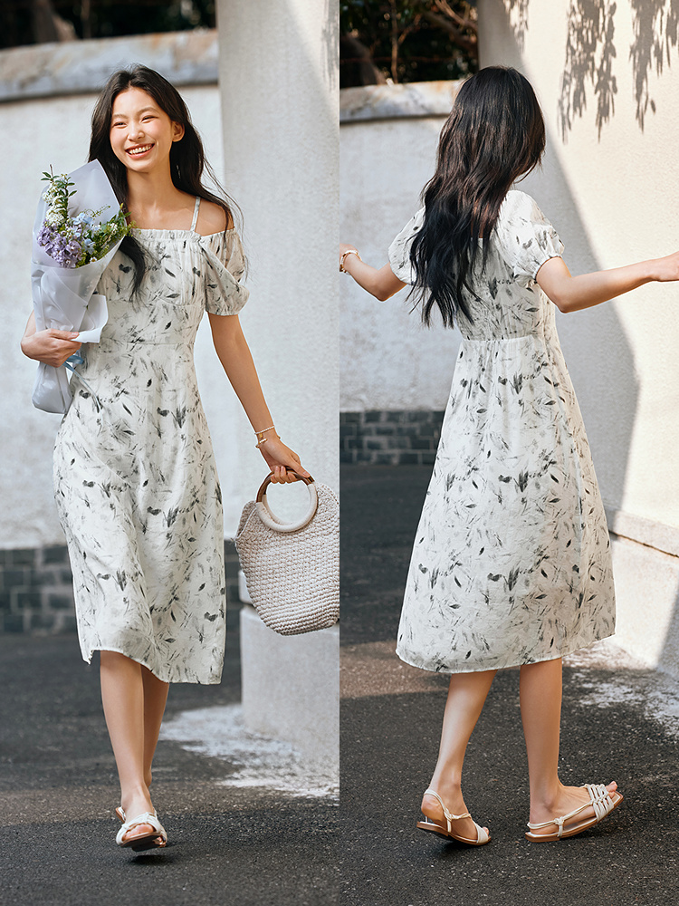 ロングワンピース キャミ 花柄プリント半袖キャミソール風ワンピース