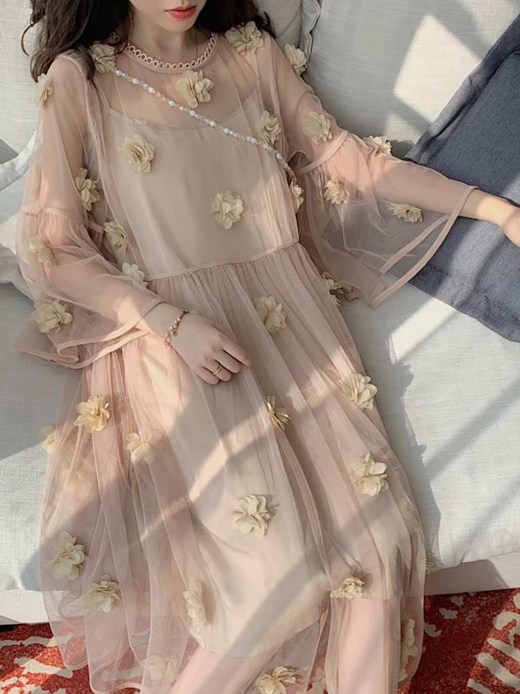 ロングワンピース レース 立体花モチーフ付きシアーチュールロングワンピース