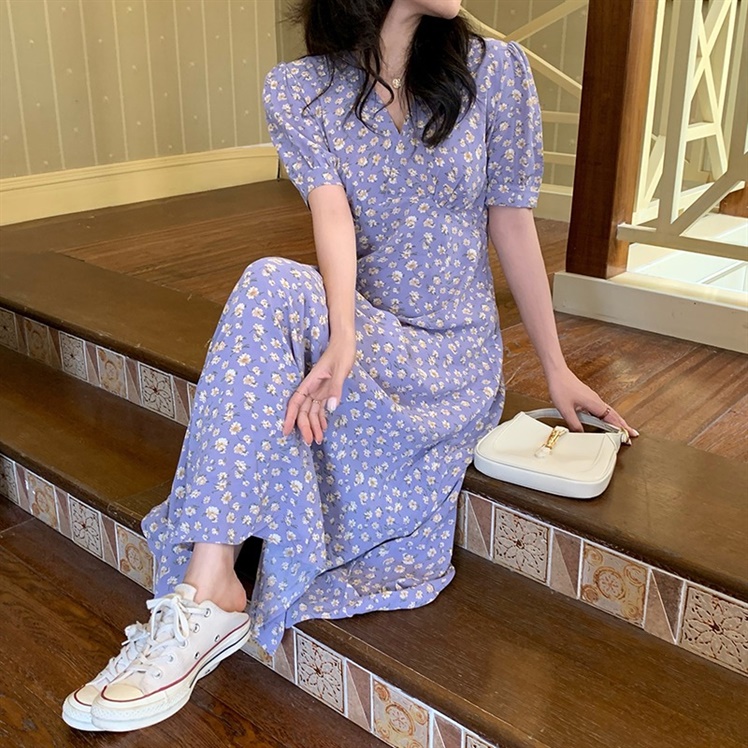 ロングワンピース 花柄パフスリーブ巻きタイプロングシャツワンピース