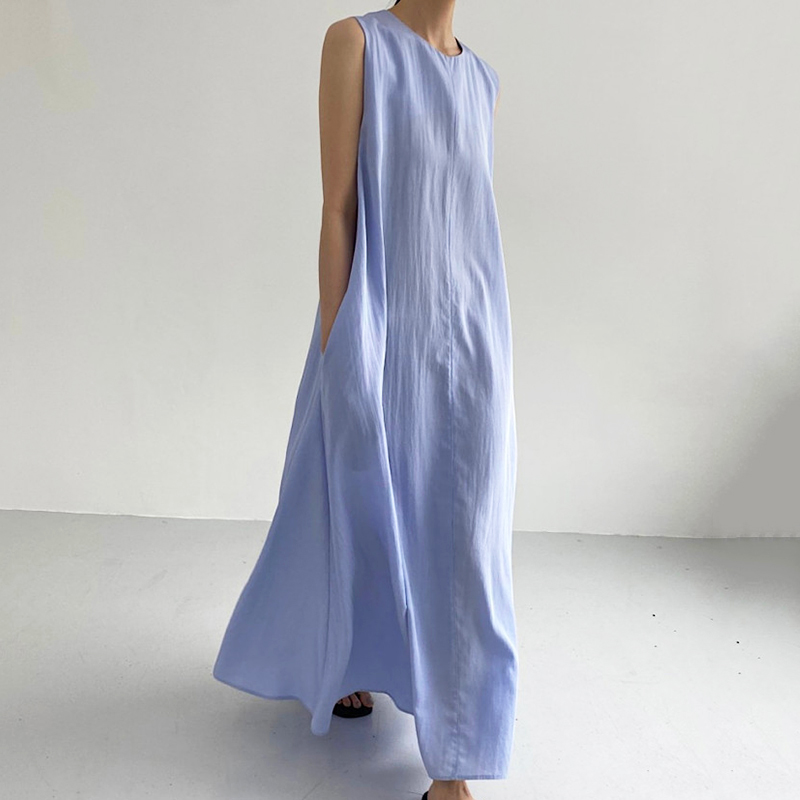 ロングワンピース 韓国風ノースリーブワンピース ゆるシルエット夏新作ロング丈レディース