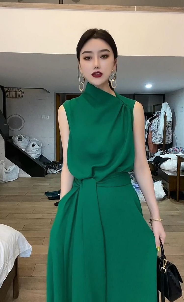 ロングワンピース タートルネック エレガント袖なしタートルネックベルト付きワンピース