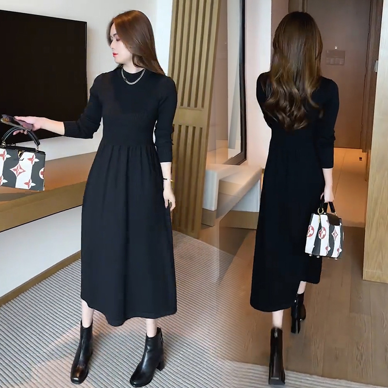 ロングワンピース ニット 上品リブ切替ハイネックニットワンピース