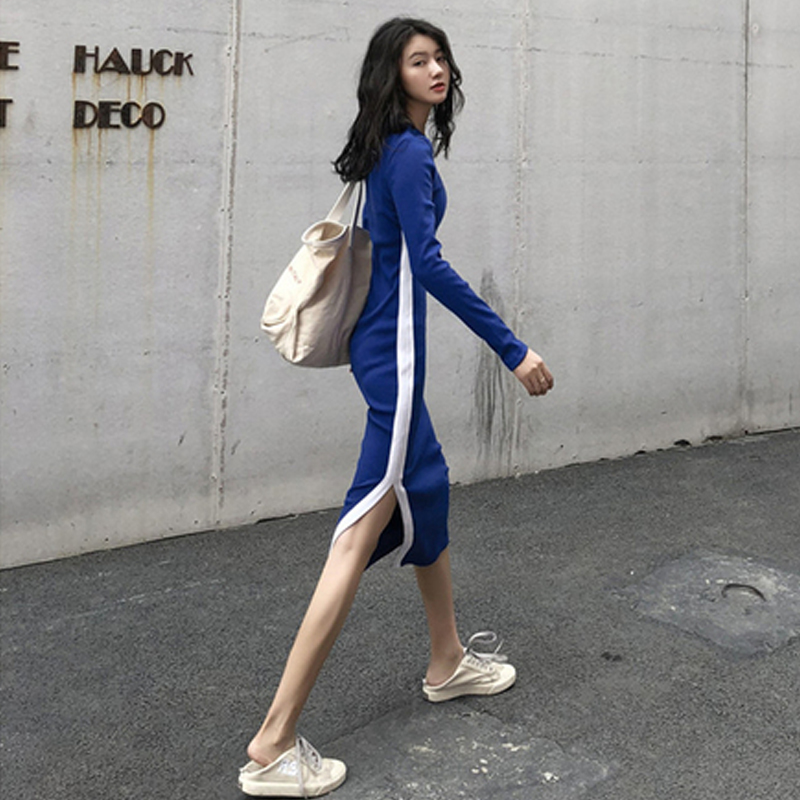 ロングワンピース スウェット サイドライン入りハイネックスウェットロングワンピース