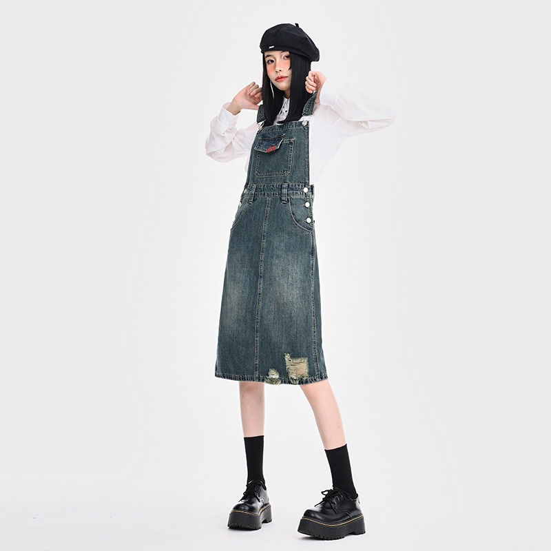 ワンピース デニム こだわりダメージ加工サロペット