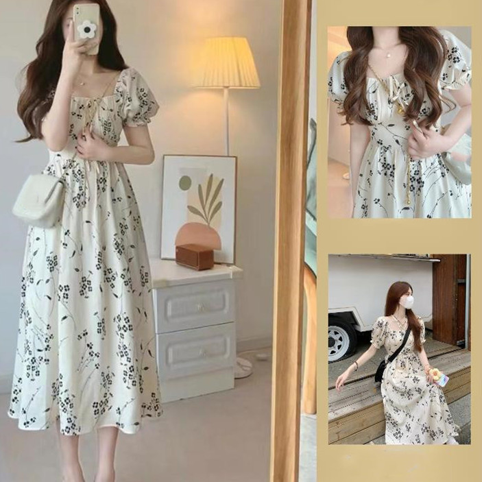 ロングワンピース 花柄シフォンフレアワンピース半袖レースアップ付き