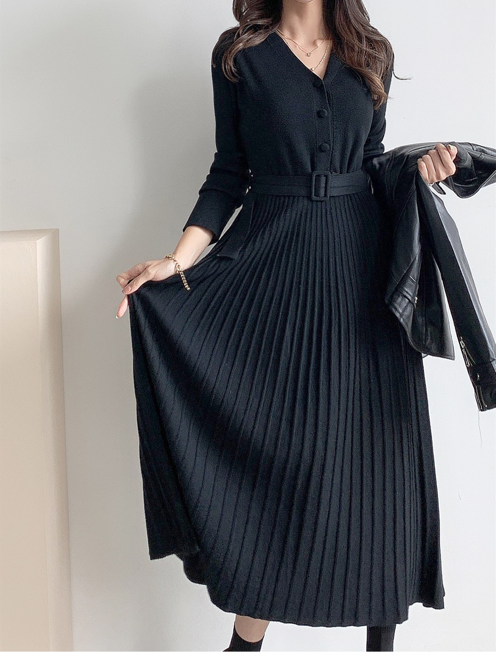 ロングワンピース ニット プリーツワンピース ベルト付き 秋冬 長袖 ロング丈