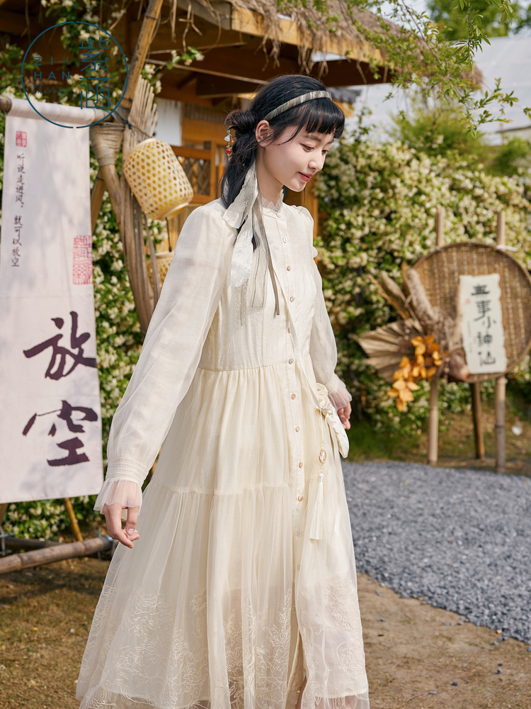 ロングワンピース シャツ フリル襟リボン付きティアード長袖シャツワンピース