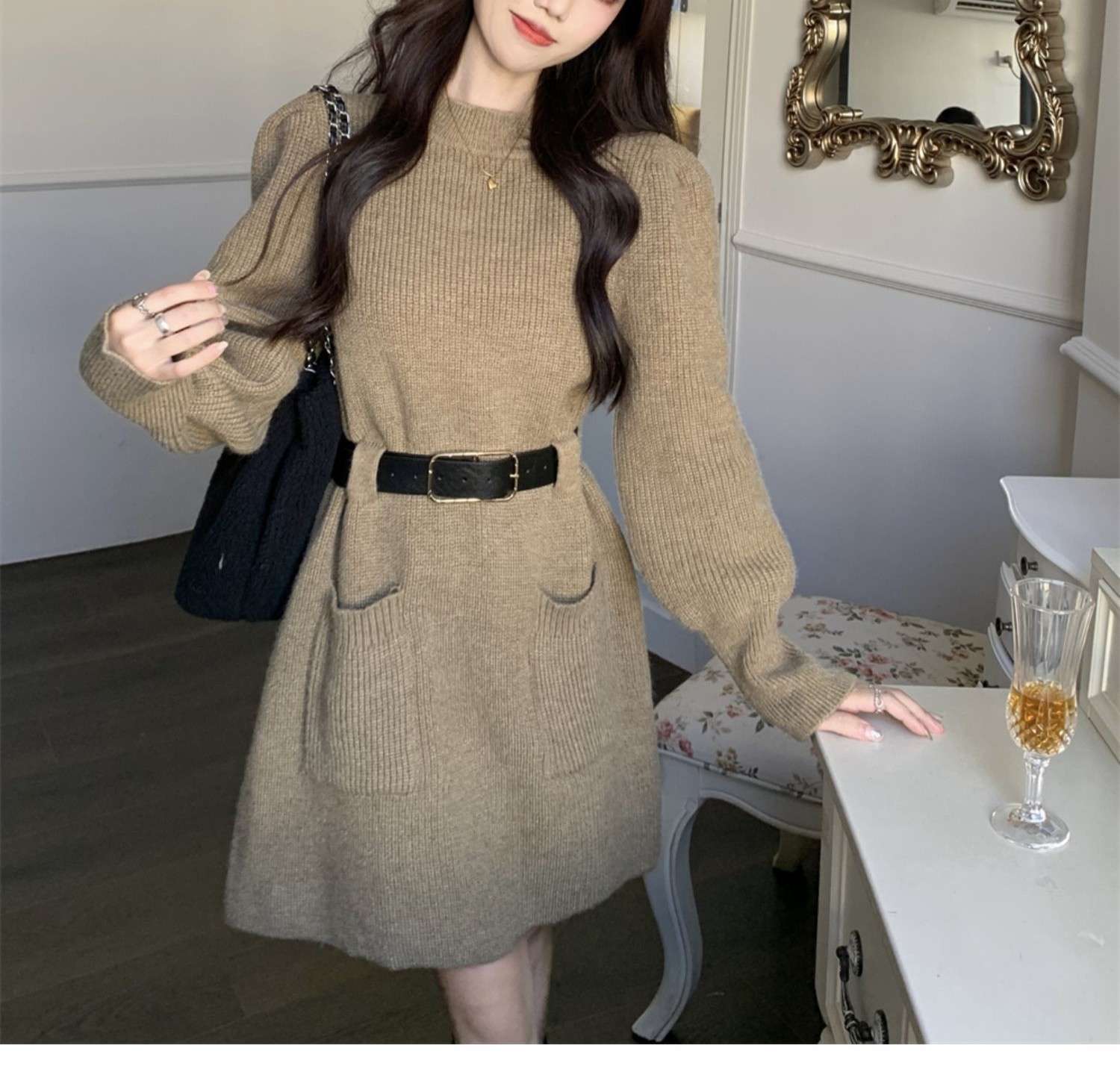 ロングワンピース ゆるふわベルト付きニットワンピース