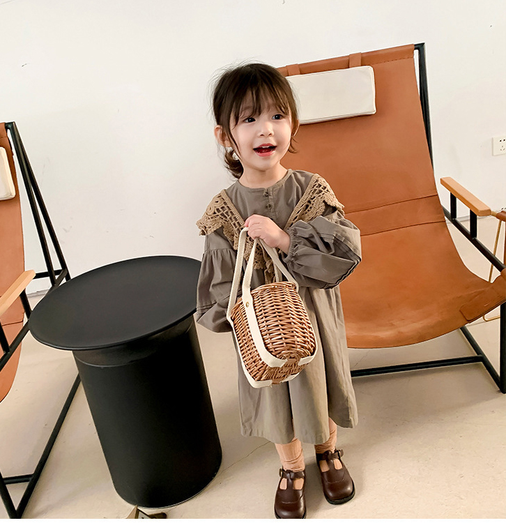 女の子用 韓国風 レース編み襟付き キッズ ロングワンピース 長袖
