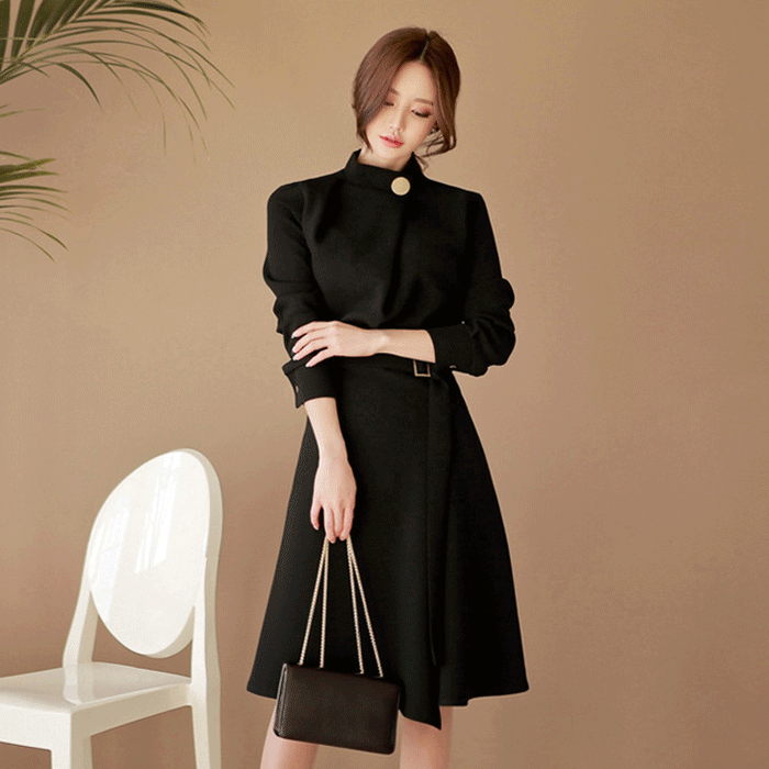 ロングワンピース 春新作 長袖フレアワンピース ロング丈