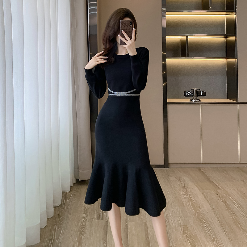 ロングワンピース ニット 裾フレア切替ニットワンピース