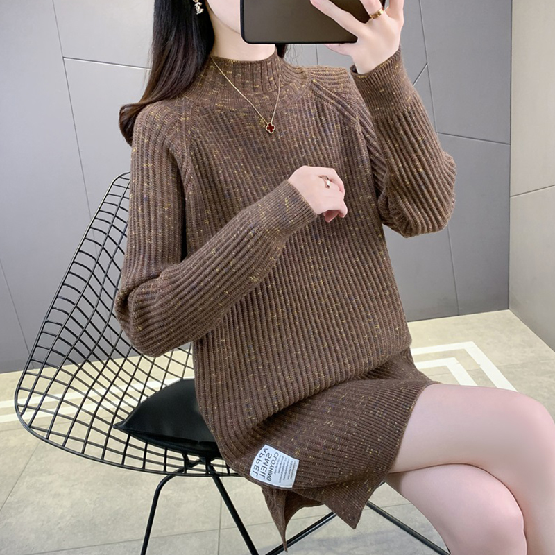ロングワンピース ニット リブ編み モックネック ミニワンピース