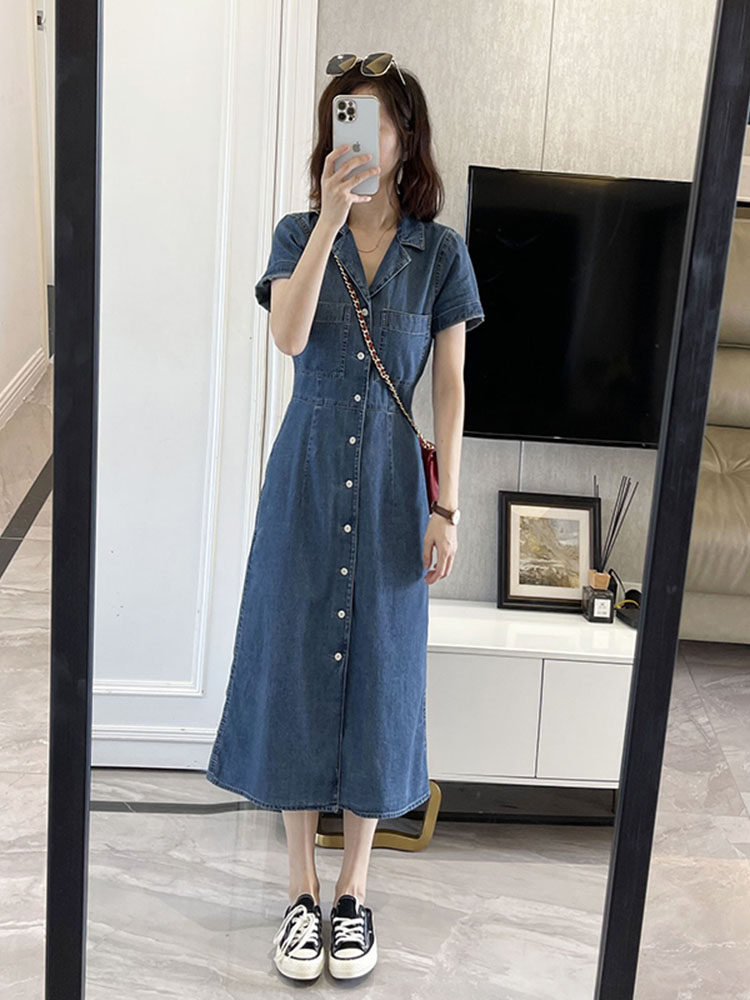 ロングワンピース シャツ 開襟デニムシャツワンピース前開きボタン付き