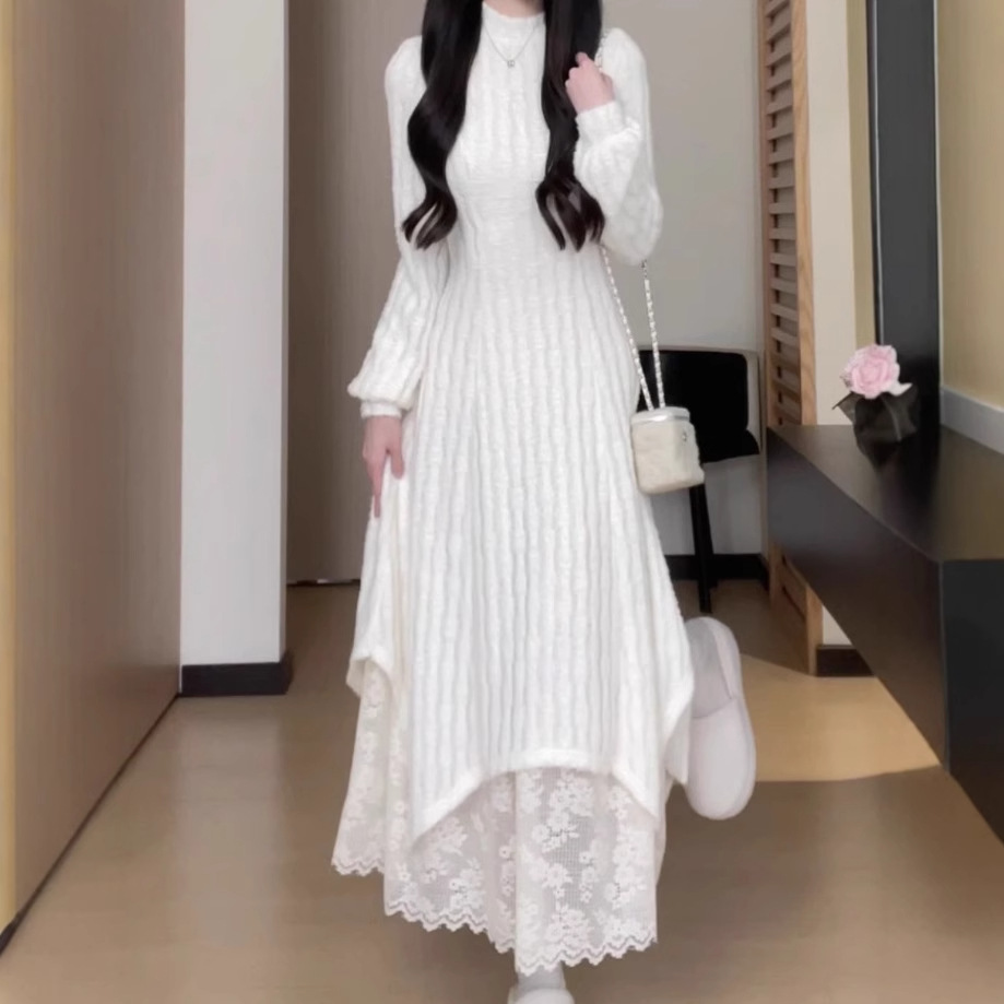 ロングワンピース レース裾切替えニットワンピース