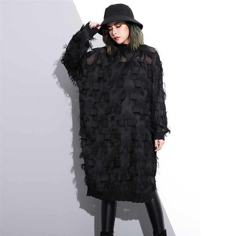 ロングワンピース フリル装飾ロング丈ワンピース長袖レース春秋黒