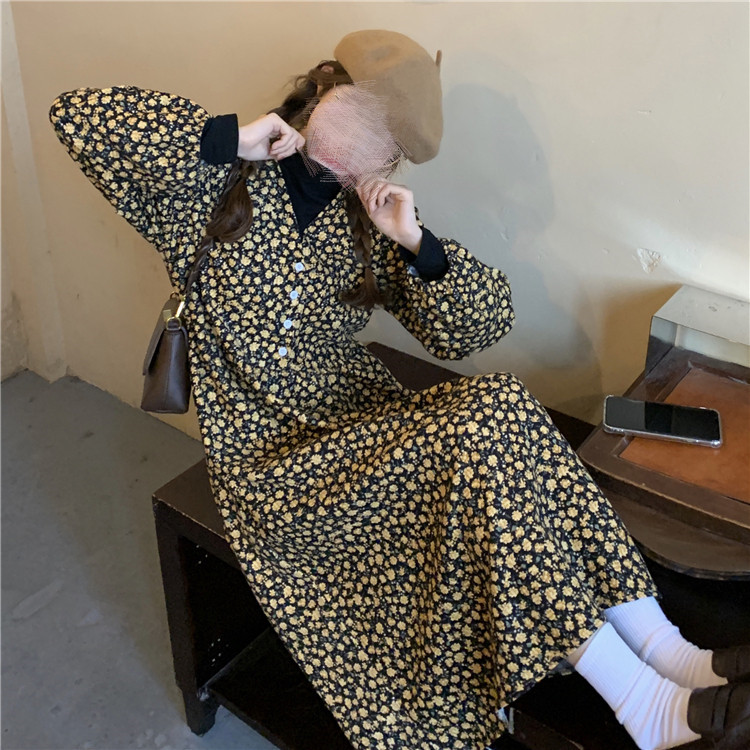 ロングワンピース 花柄長袖シャツワンピース 重ね着風２点セット