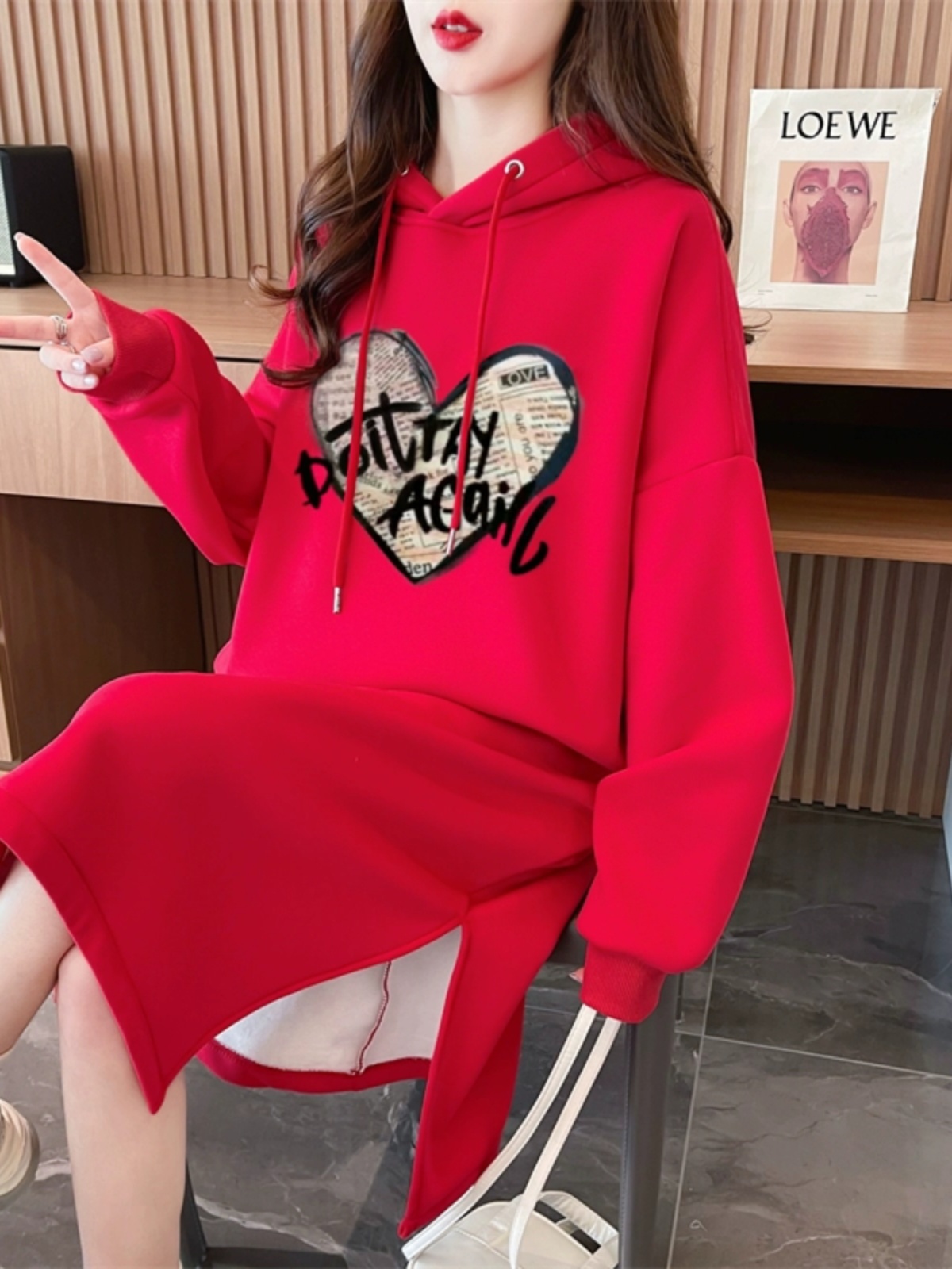 ロングワンピース スウェット ハートロゴ ゆったりパーカーワンピース