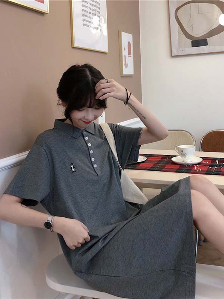 ロングワンピース ポロシャツ 襟付き半袖ゆったりシルエット膝丈ワンピース