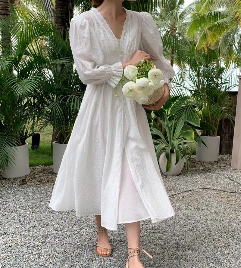 ロングワンピース 韓国風パフスリーブ白シャツワンピース