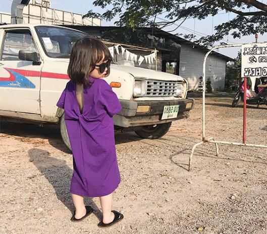 キッズ用紫色ロングワンピース 半袖 子供服 7-15サイズ