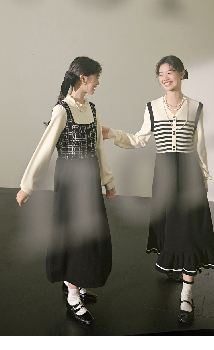 ロングワンピース フリル襟レトロニットワンピース