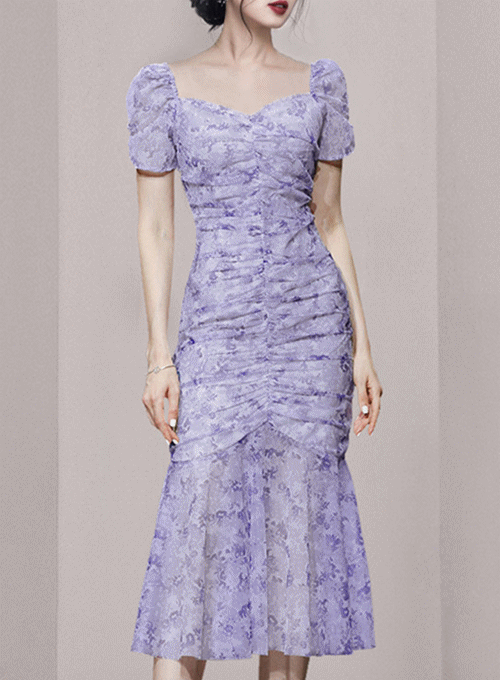 ロングワンピース 花柄レースタイトワンピース パフスリーブ春夏