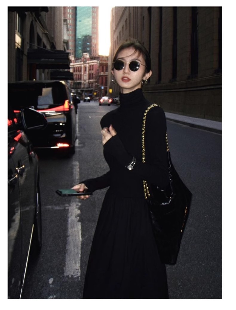 ロングワンピース ハイネックニットロング切替プリンセスワンピース