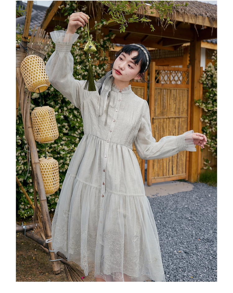 ロングワンピース シャツ フリル襟リボン付きティアード長袖シャツワンピース
