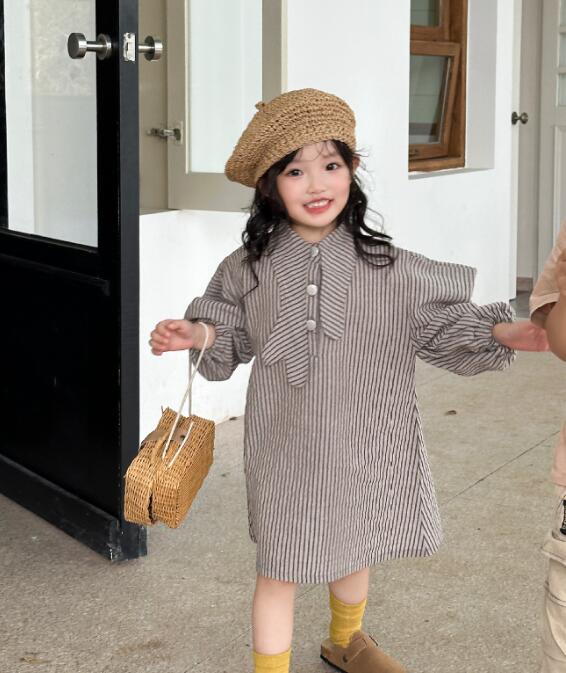 キッズ服 縦縞柄ロングワンピース リボン付き 七分袖