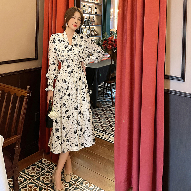 ロングワンピース シャツ 花柄プリント長袖襟付きロングワンピース