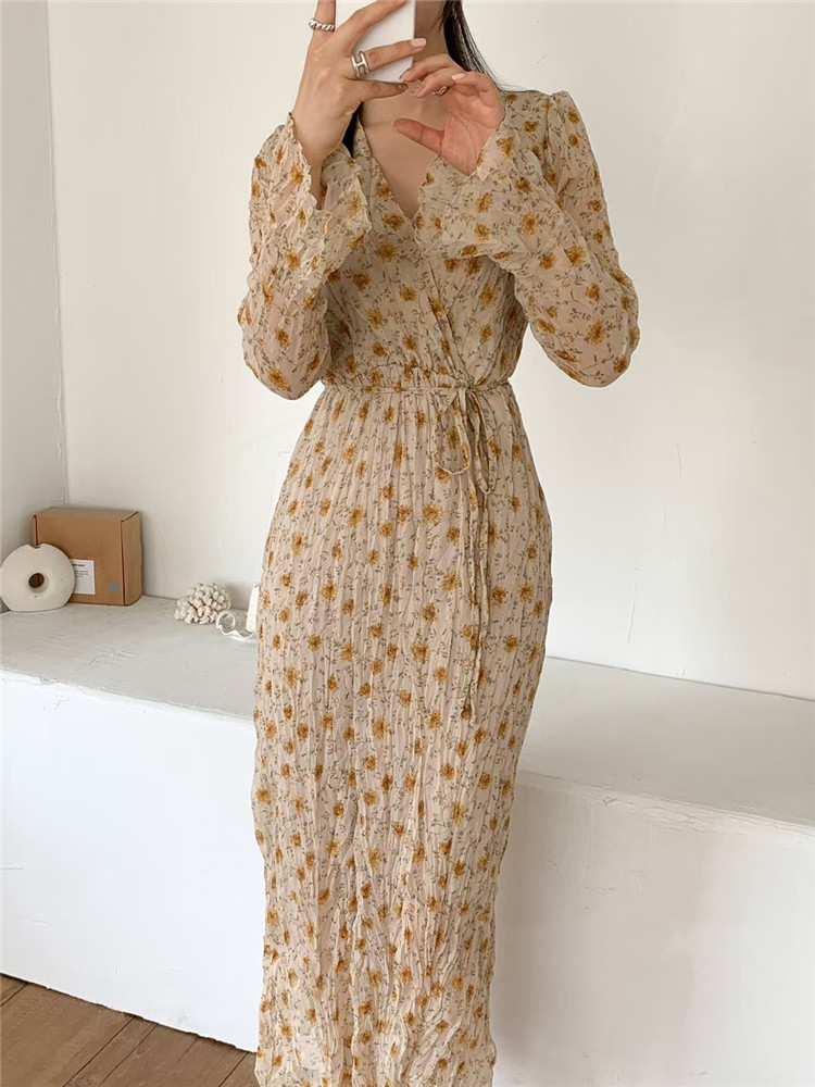 花柄プリーツロングワンピース 上品エレガント