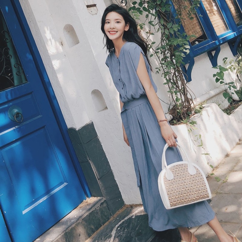 ロングワンピース シャツ ベルト付きフレンチスリーブシャツワンピース