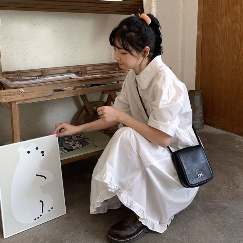 ロングワンピース シャツ 丸襟フリル裾半袖ロングワンピースシャツ