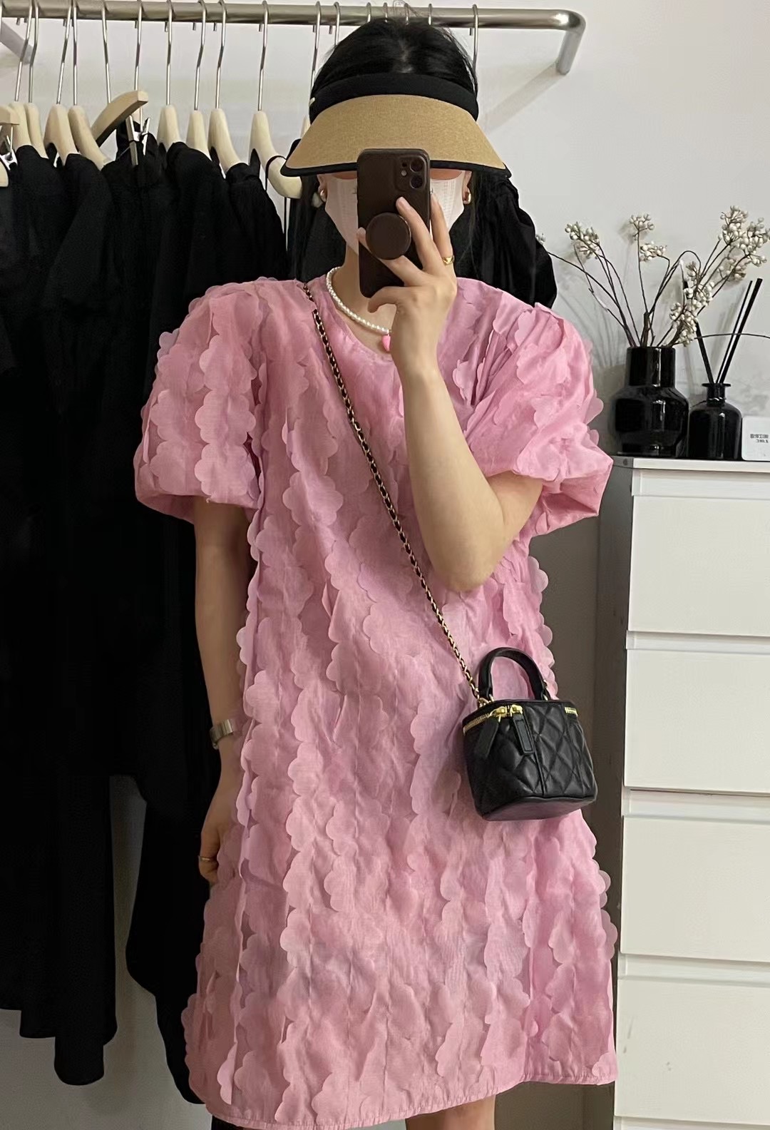 韓国風フリルパフスリーブロングワンピース