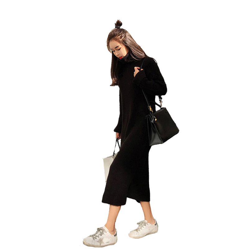 ロングワンピース タートルネック リブ編み首元ゆったりニットロングワンピース