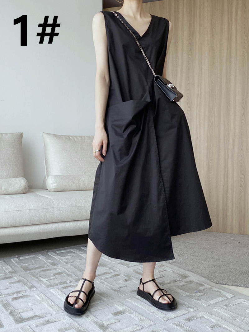 春夏新作 ブイネック ノースリーブ ロングワンピース 無地 着回し 通勤