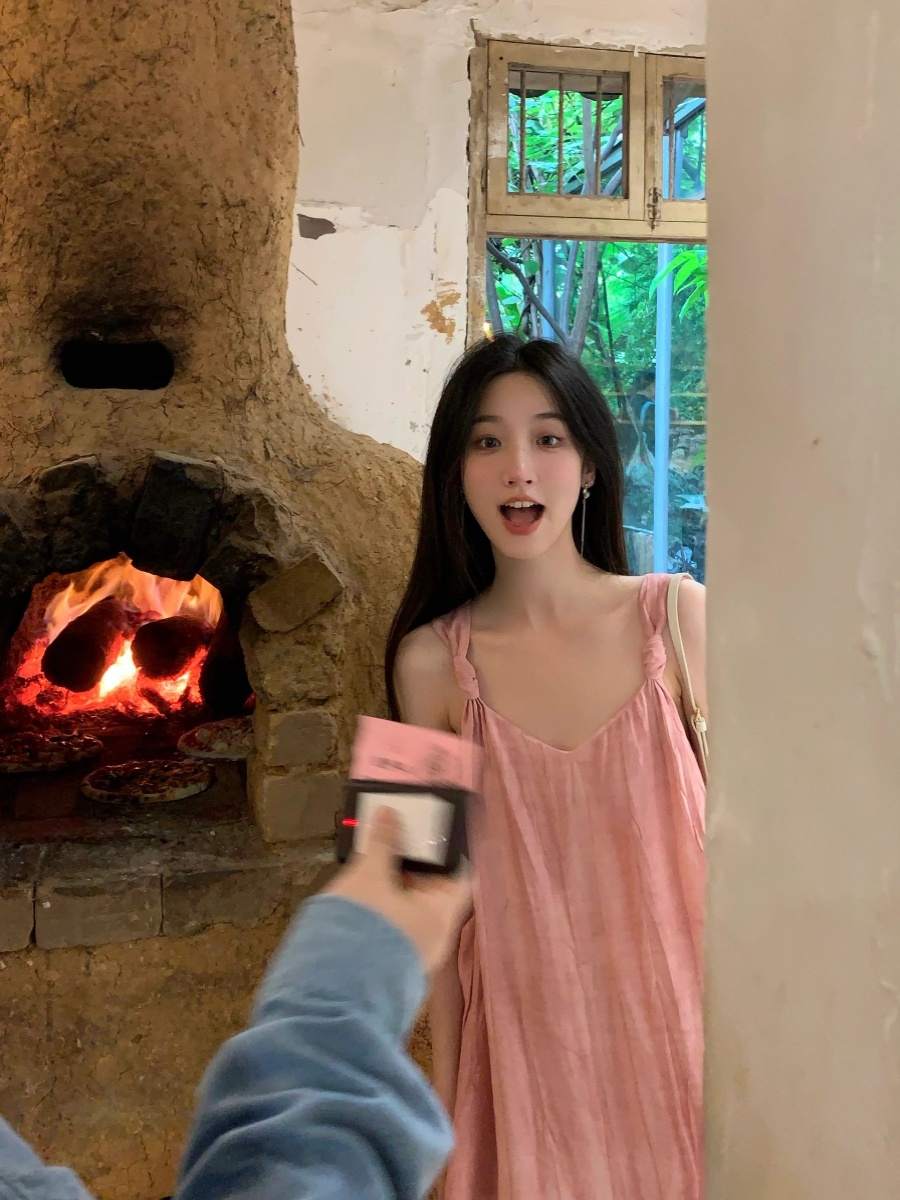 ロングワンピース キャミ 肩紐リボン付き綿麻風ロングキャミソールワンピース