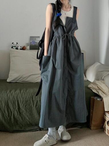 春新作フレアロングワンピース韓国風重ね着風ジャンパースカート