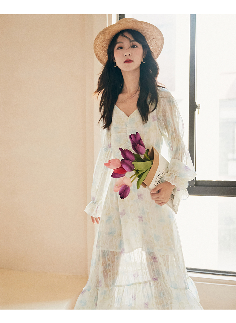ロングワンピース レース 優美花柄シアーレースワンピース