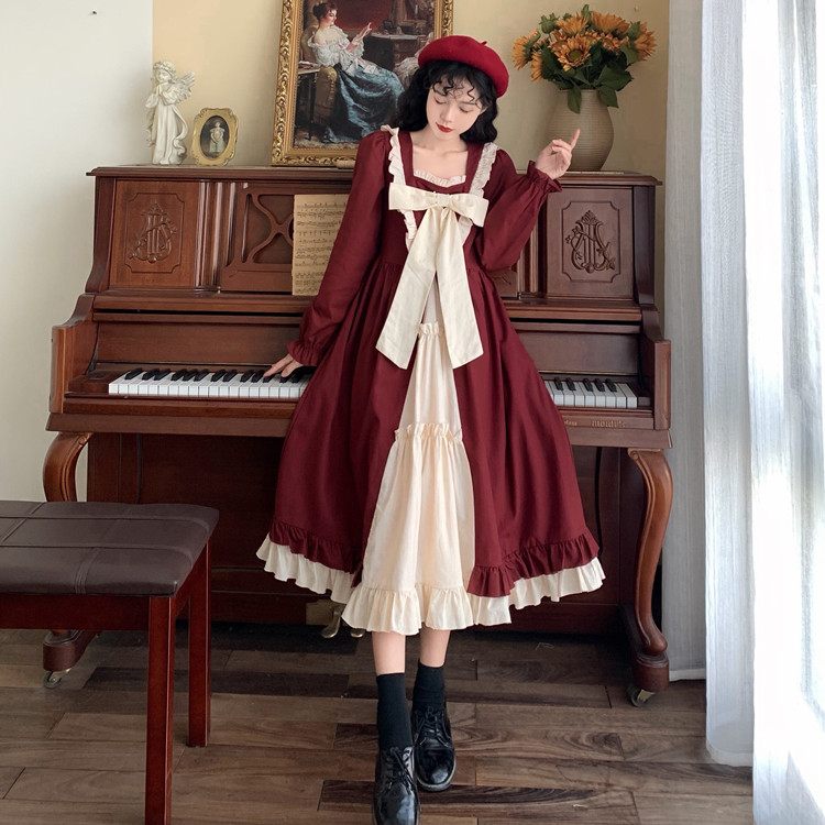 秋冬新作フリル付き姫系ロングワンピース長袖大きいサイズ対応