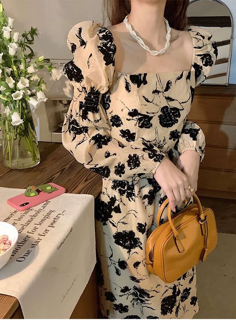 ロングワンピース 花柄パフスリーブマキシワンピース レトロ風長袖