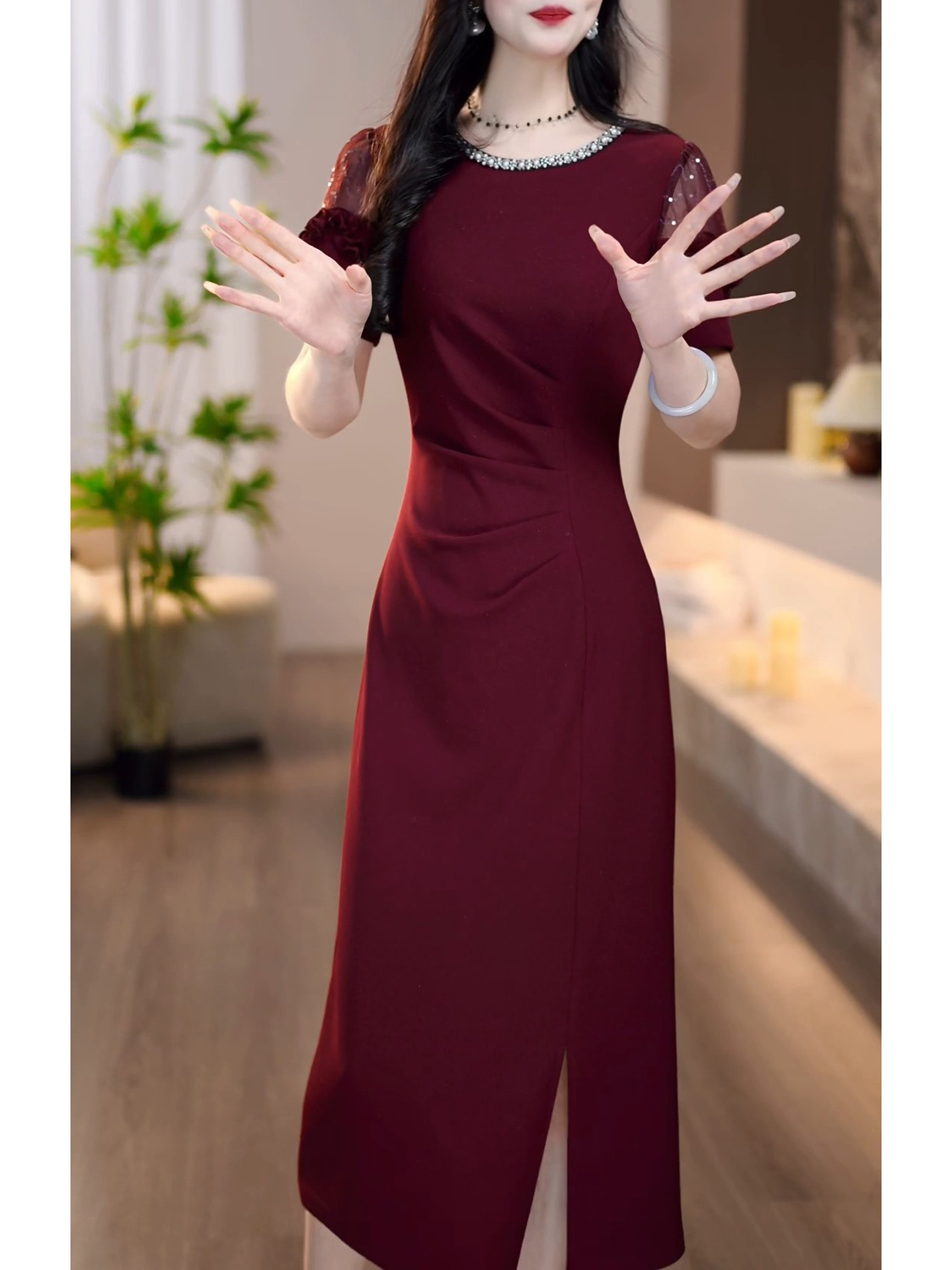 ロングワンピース レース 華麗装飾レース袖ロングワンピース