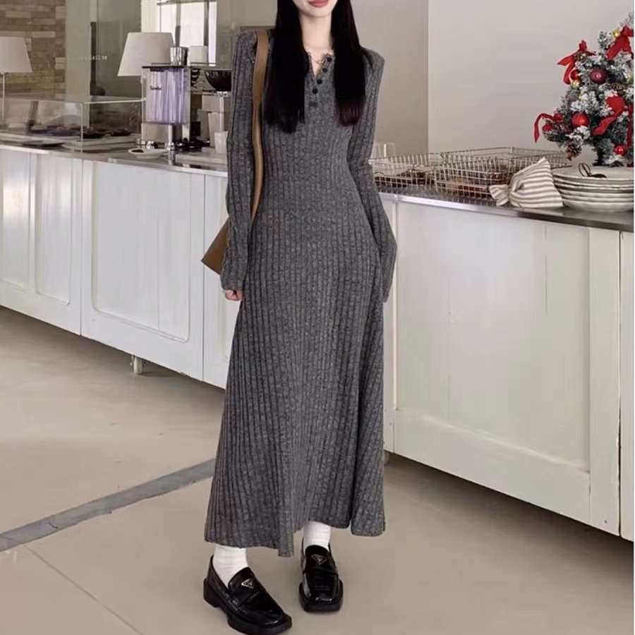 ロングワンピース リブ編みロマンチックワンピース