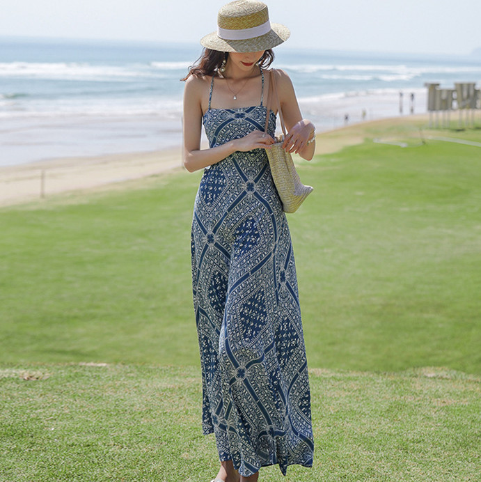 花柄キャミロングワンピース 背中編み上げ夏物