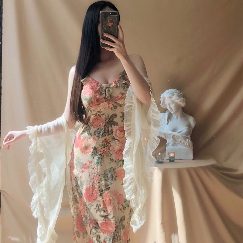 ロングワンピース キャミ 花柄プリント細身肩紐調節可能な夏向けキャミソール