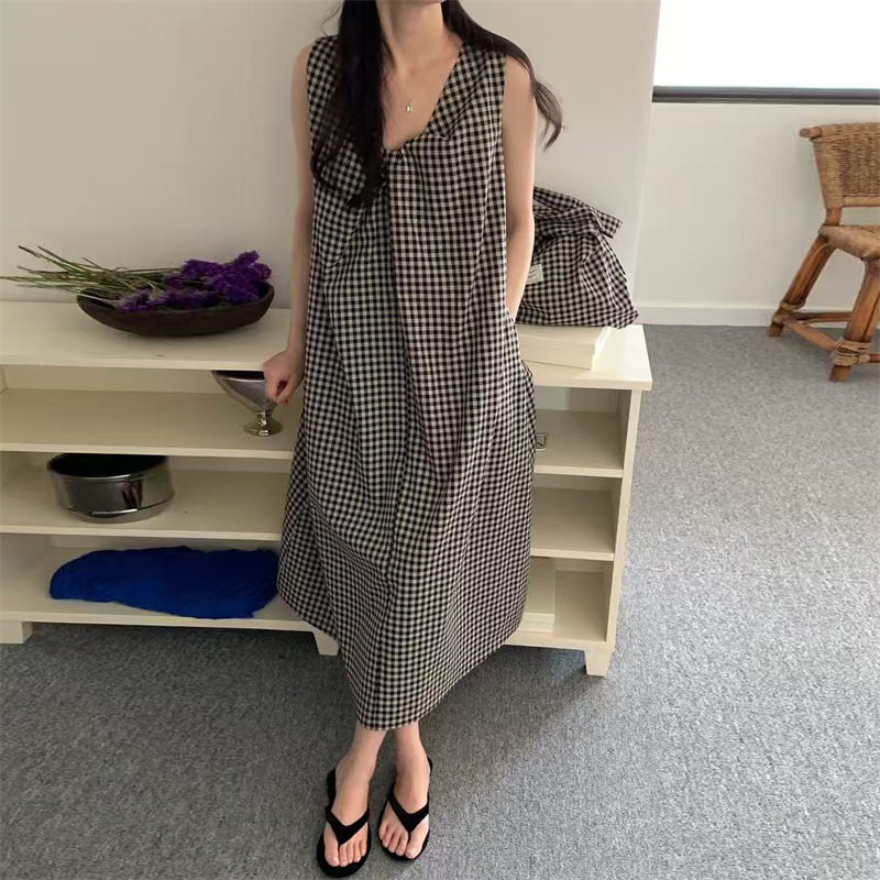 2025年春夏新作 ギンガムチェック ノースリーブ ロングワンピース バッグ付き