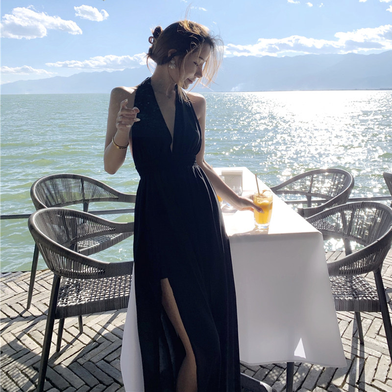 ロングワンピース キャミ 背中クロスデザインホルターネックロングワンピース