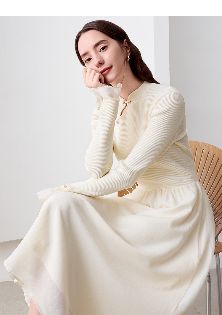 ロングワンピース ニット チャイナボタン リブ編みロングワンピース