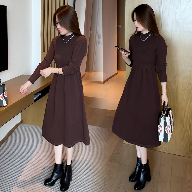 ロングワンピース ニット 上品リブ切替ハイネックニットワンピース